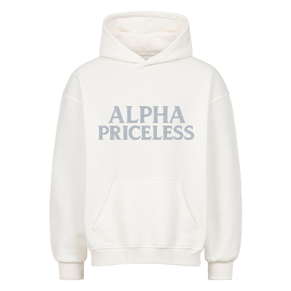 Alpha Guard Oversized Comfort Hoodie in white with gray print saying ALPHA PRICELESS.