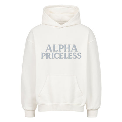 Alpha Guard Oversized Comfort Hoodie in white with gray print saying ALPHA PRICELESS.