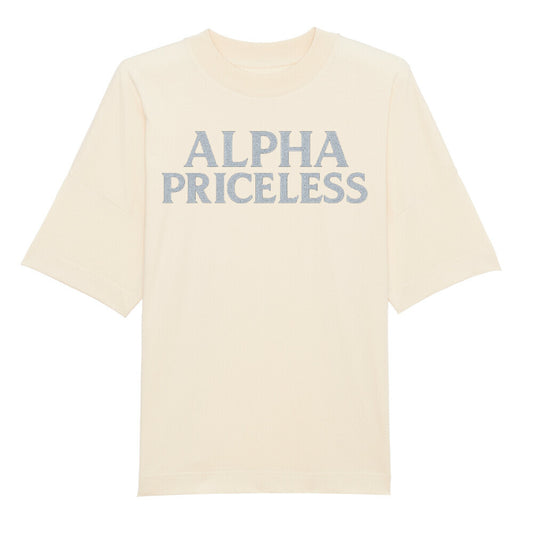 Snow Queen Alpha Priceless Collection T-Shirt in cream with silver lettering, stylish and versatile fashion piece.