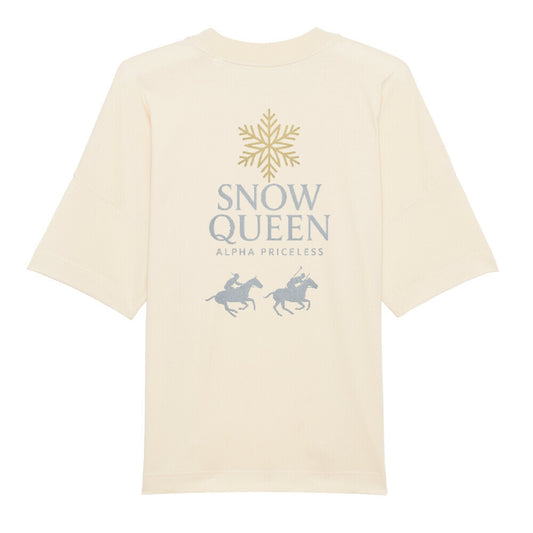 Snow Queen Alpha Priceless Collection T-Shirt in cream with snowflake and horse design on back.