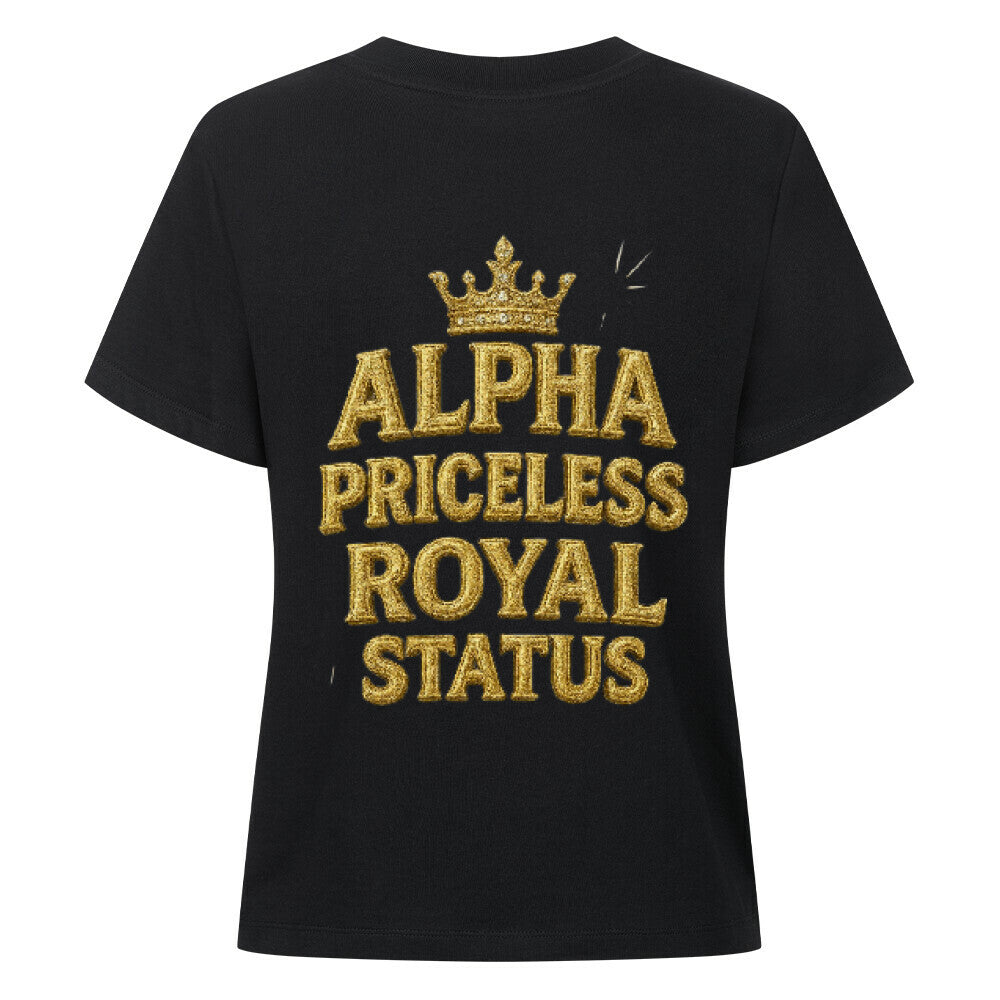 Alpha Priceless Royal Status Tee mit goldener Schrift und Krone auf schwarzem Hintergrund.