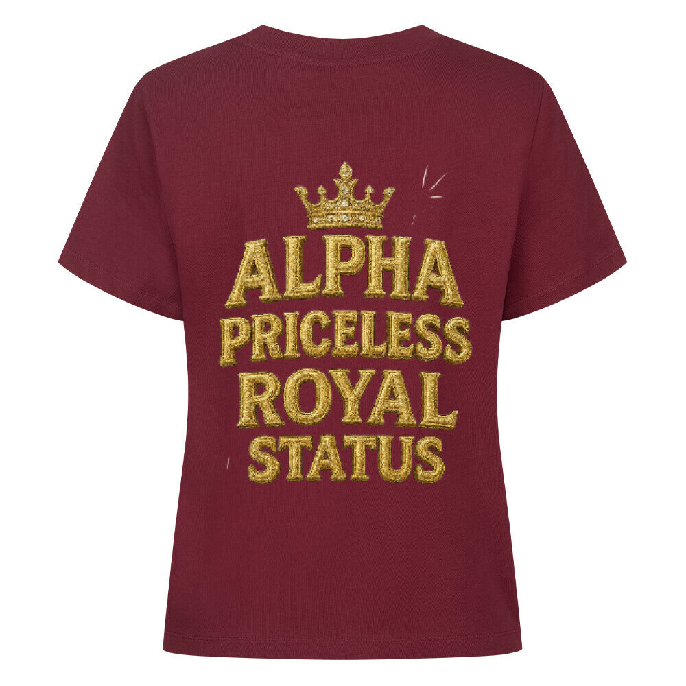 Alpha Priceless Royal Status Tee in burgundy with bold golden text and crown design.