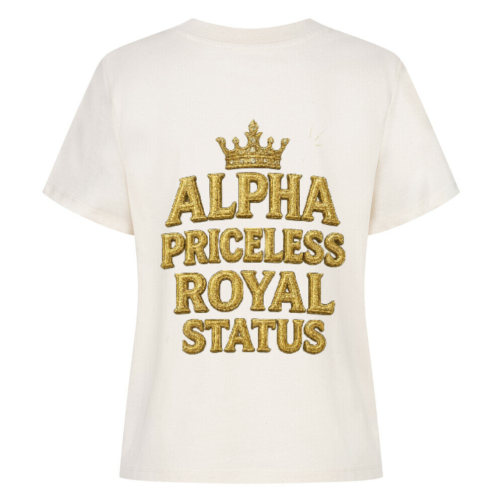 Alpha Priceless Royal Status Tee mit goldener Schrift und Krone auf der Rückseite.