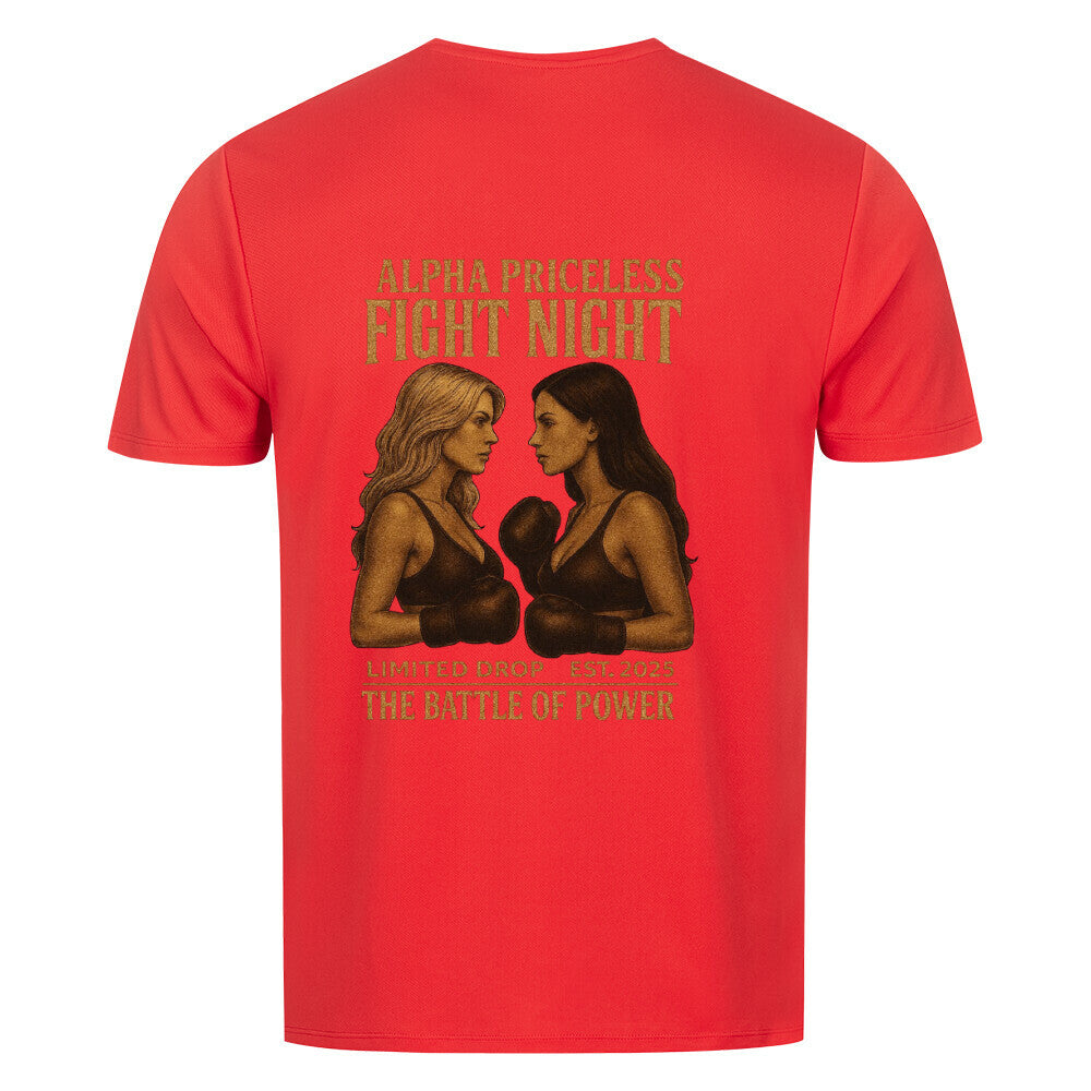 Rotes T-Shirt mit dem Design "Fight Night Alpha Priceless Experience" und zwei Boxkämpferinnen.