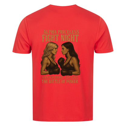 Rotes T-Shirt mit dem Design "Fight Night Alpha Priceless Experience" und zwei Boxkämpferinnen.