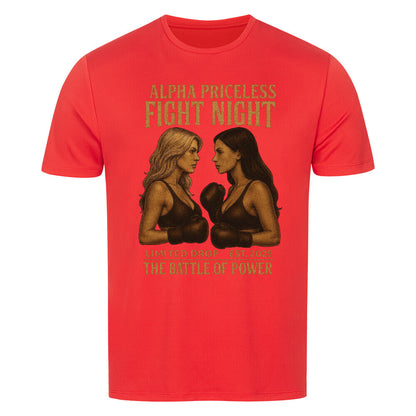 Rotes T-Shirt mit dem Aufdruck "Fight Night" und Abbildung von zwei Boxern, perfekt für Fight Night Power Battle Showdown Fans.