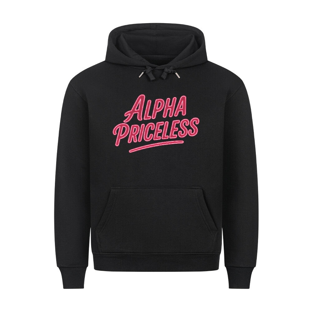 HigherBlanks Premium Style Hoodie in black with vibrant 'ALPHA PRICELESS' lettering on the front.