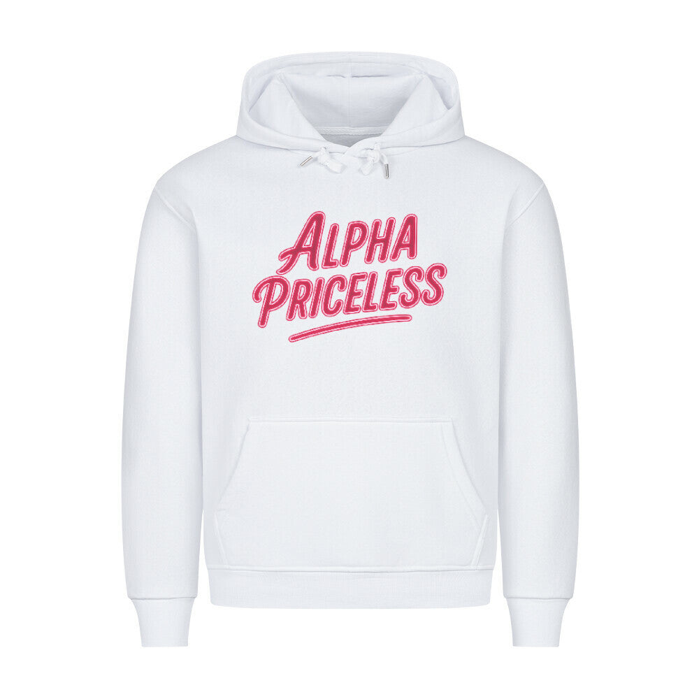 HigherBlanks Premium Style Hoodie in white with 'ALPHA PRICELESS' logo, combining style and comfort.
