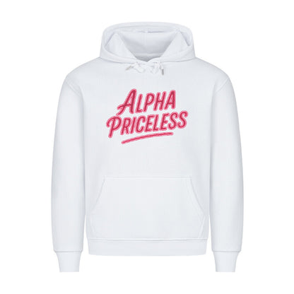 HigherBlanks Premium Style Hoodie in white with 'ALPHA PRICELESS' logo, combining style and comfort.