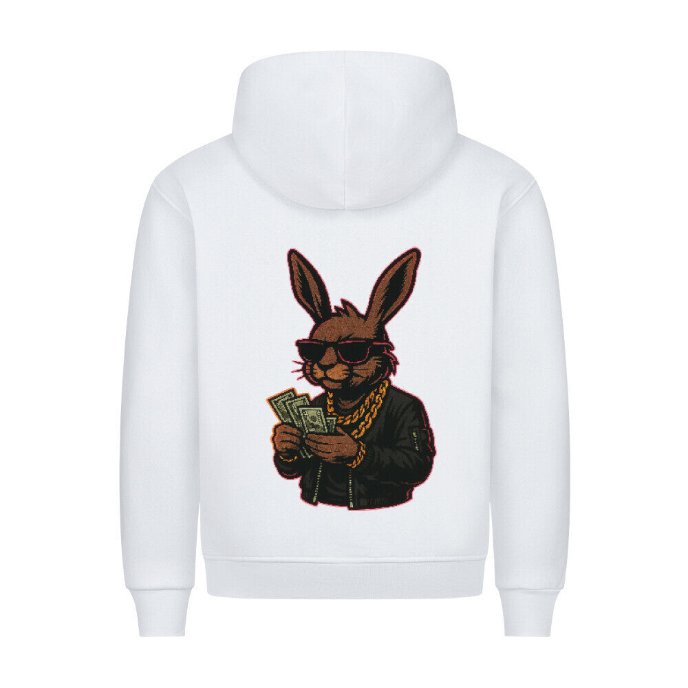 HigherBlanks Premium Style Hoodie mit Fabelwesen-Design, das einen coolen Hasen in Sonnenbrille und Kette zeigt.