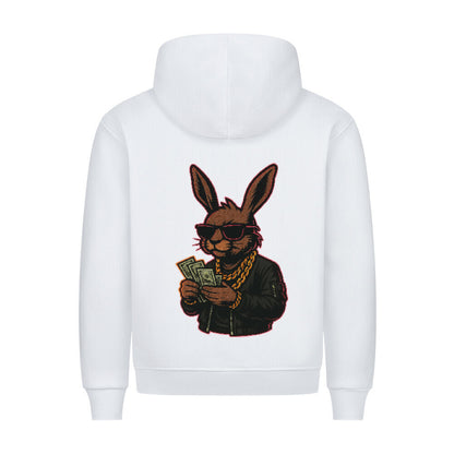 HigherBlanks Premium Style Hoodie mit Fabelwesen-Design, das einen coolen Hasen in Sonnenbrille und Kette zeigt.