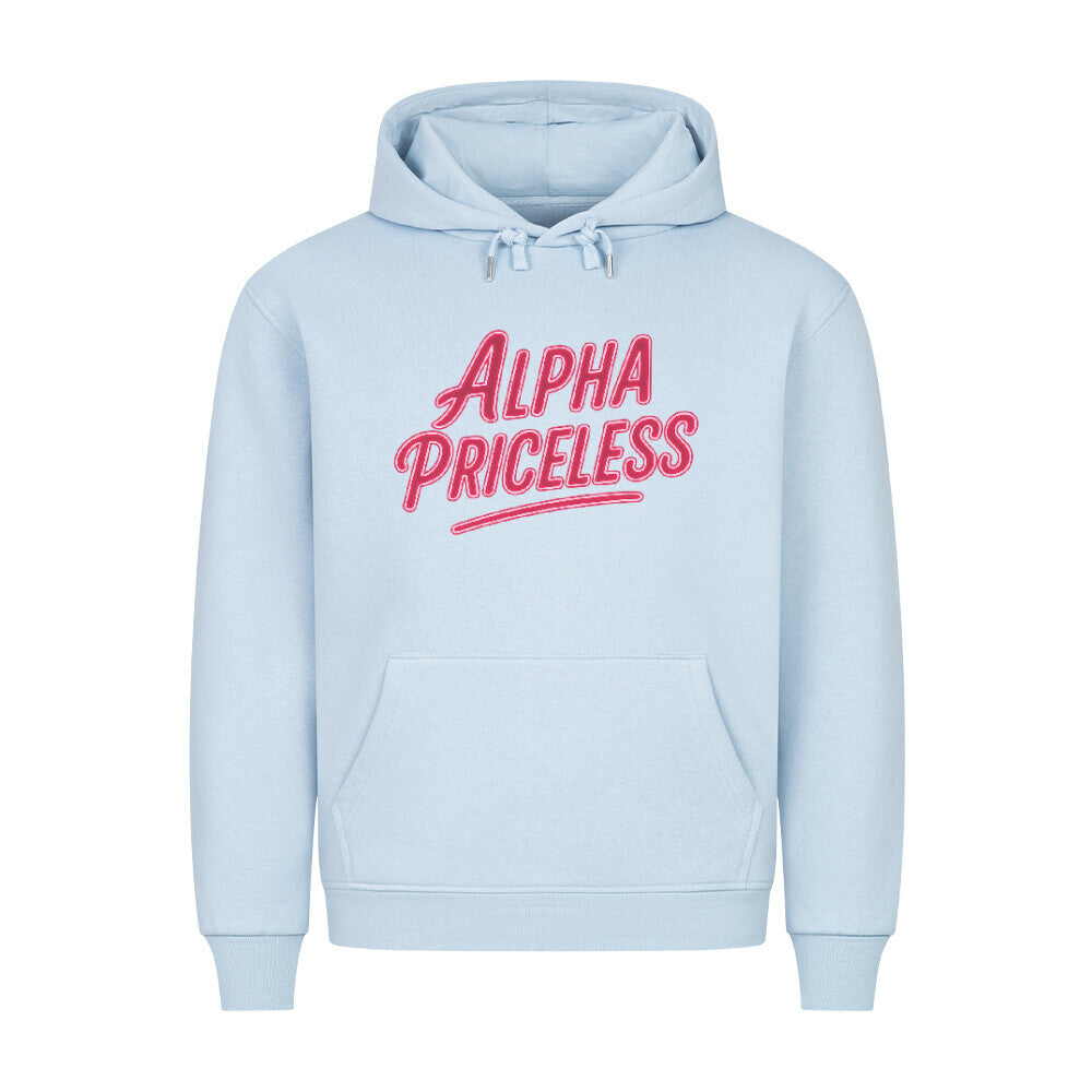 HigherBlanks Premium Style Hoodie in light blue with red ALPHA PRICELESS graphic design.