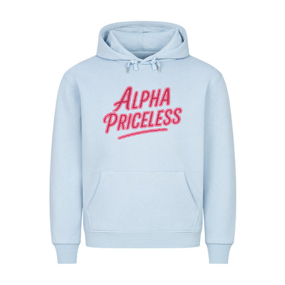 HigherBlanks Premium Style Hoodie in light blue with red ALPHA PRICELESS graphic design.