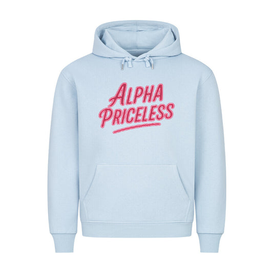 HigherBlanks Premium Style Hoodie in light blue with red ALPHA PRICELESS graphic design.