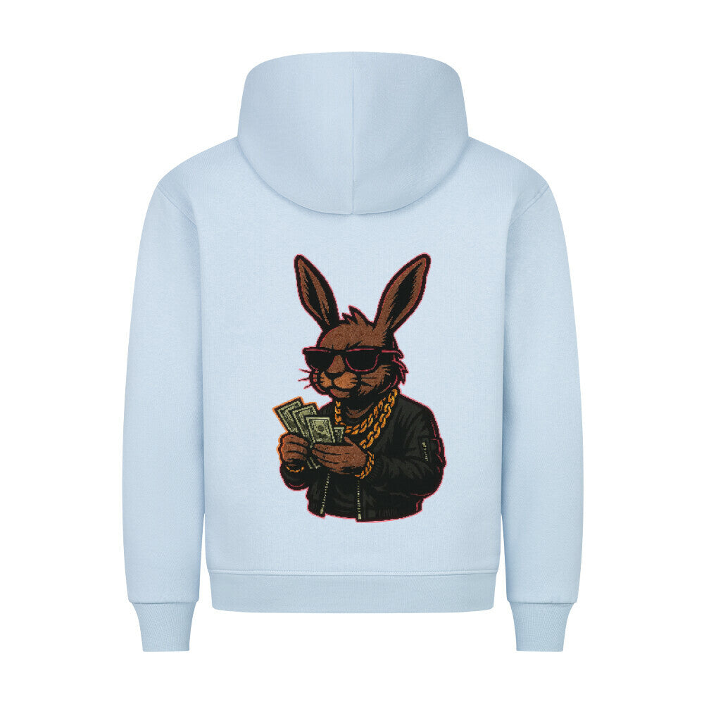 HigherBlanks Premium Style Hoodie mit einem coolen Kaninchen-Design und Geldscheinen auf der Rückseite.