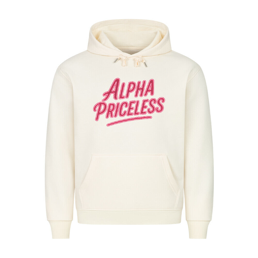 HigherBlanks Premium Style Hoodie in beige with 'ALPHA PRICELESS' graphic design on the front.