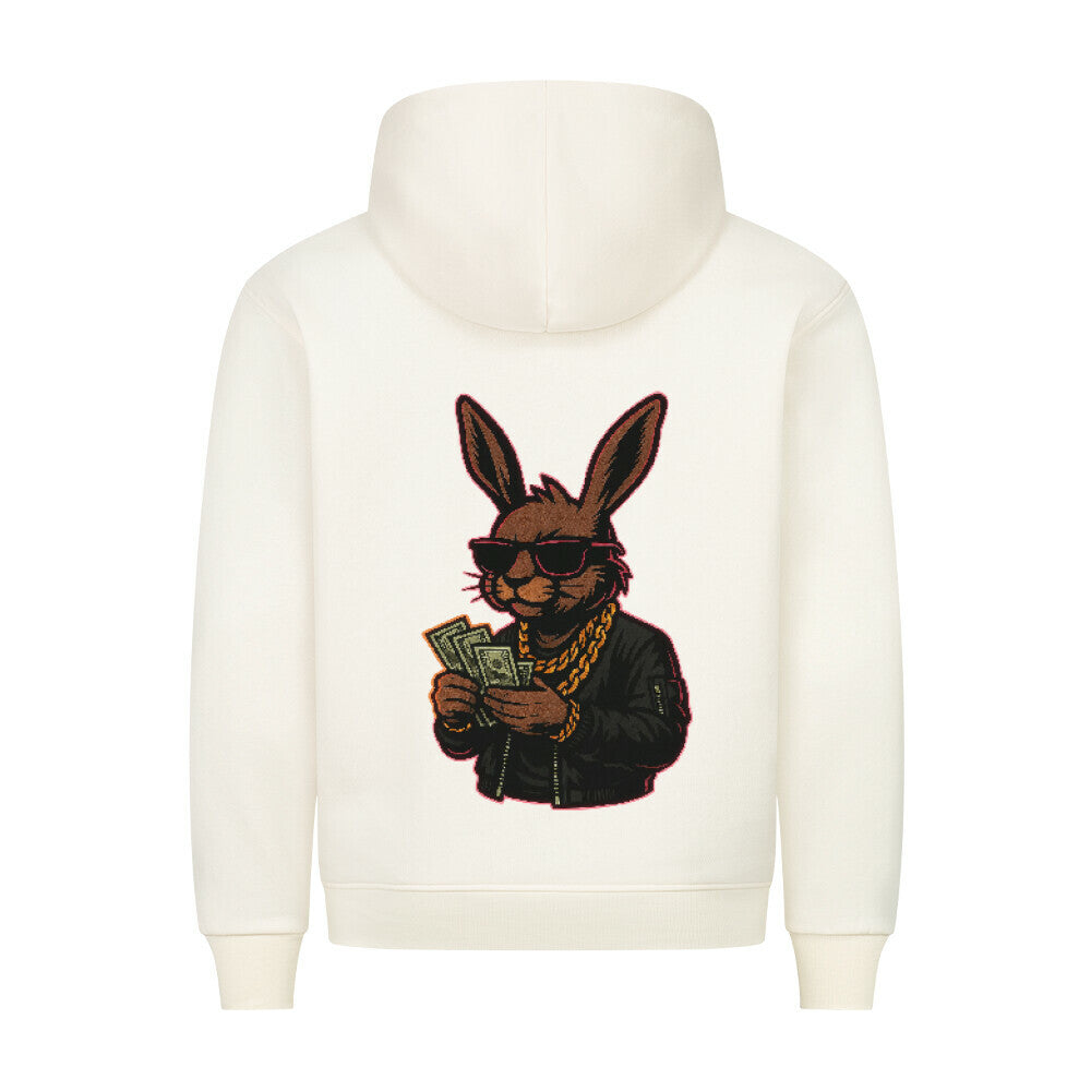 HigherBlanks Premium Style Hoodie mit stylischem Kaninchen-Motiv und Geldscheinen auf der Rückseite.