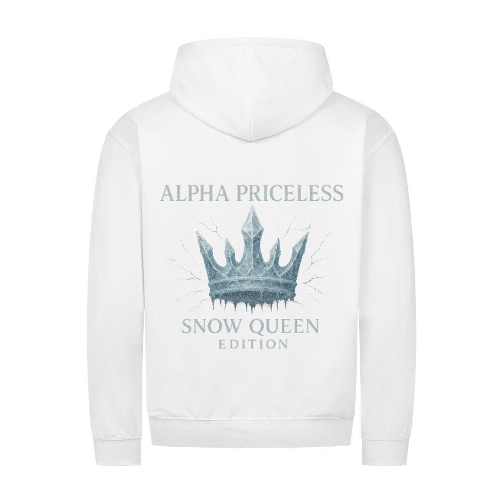 Snow Queen Unisex Zipper Hoodie mit einem einzigartigen Krone-Design auf dem Rücken in hellweißem Stoff.