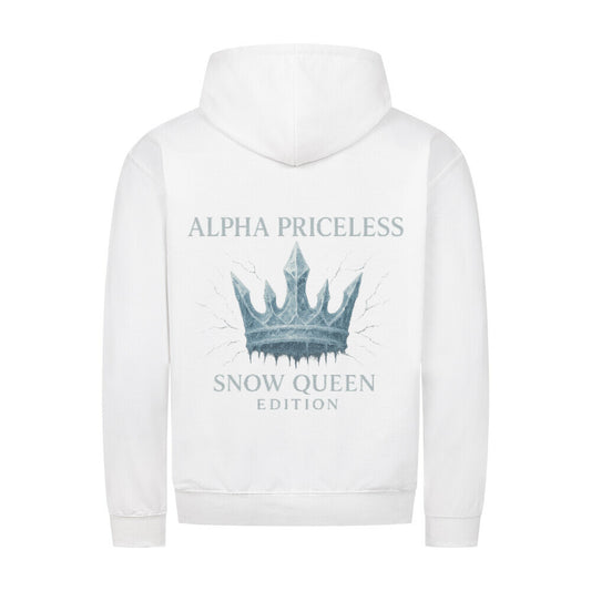 Snow Queen Unisex Zipper Hoodie mit einem einzigartigen Krone-Design auf dem Rücken in hellweißem Stoff.