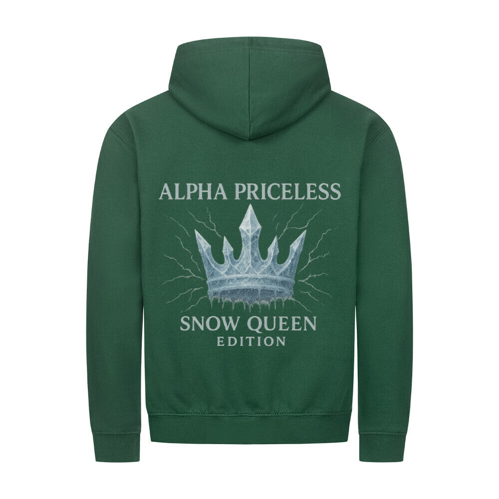 Snow Queen Unisex Zipper Hoodie in green with crown design and text on back.