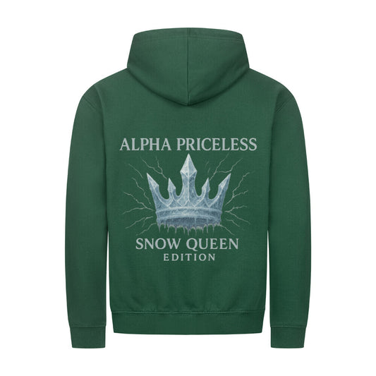 Snow Queen Unisex Zipper Hoodie in green with crown design and text on back.