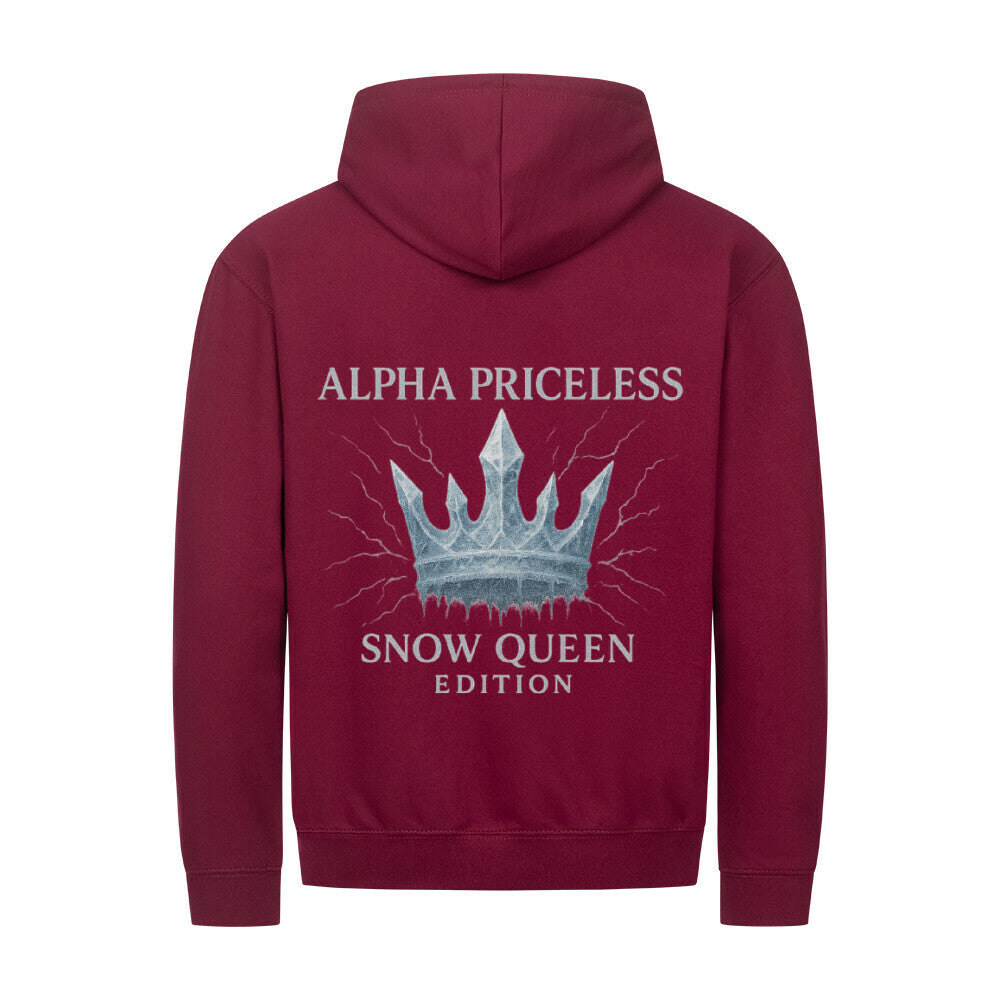 Snow Queen Unisex Zipper Hoodie in maroon featuring a crown graphic with the text 'ALPHA PRICELESS SNOW QUEEN EDITION'.