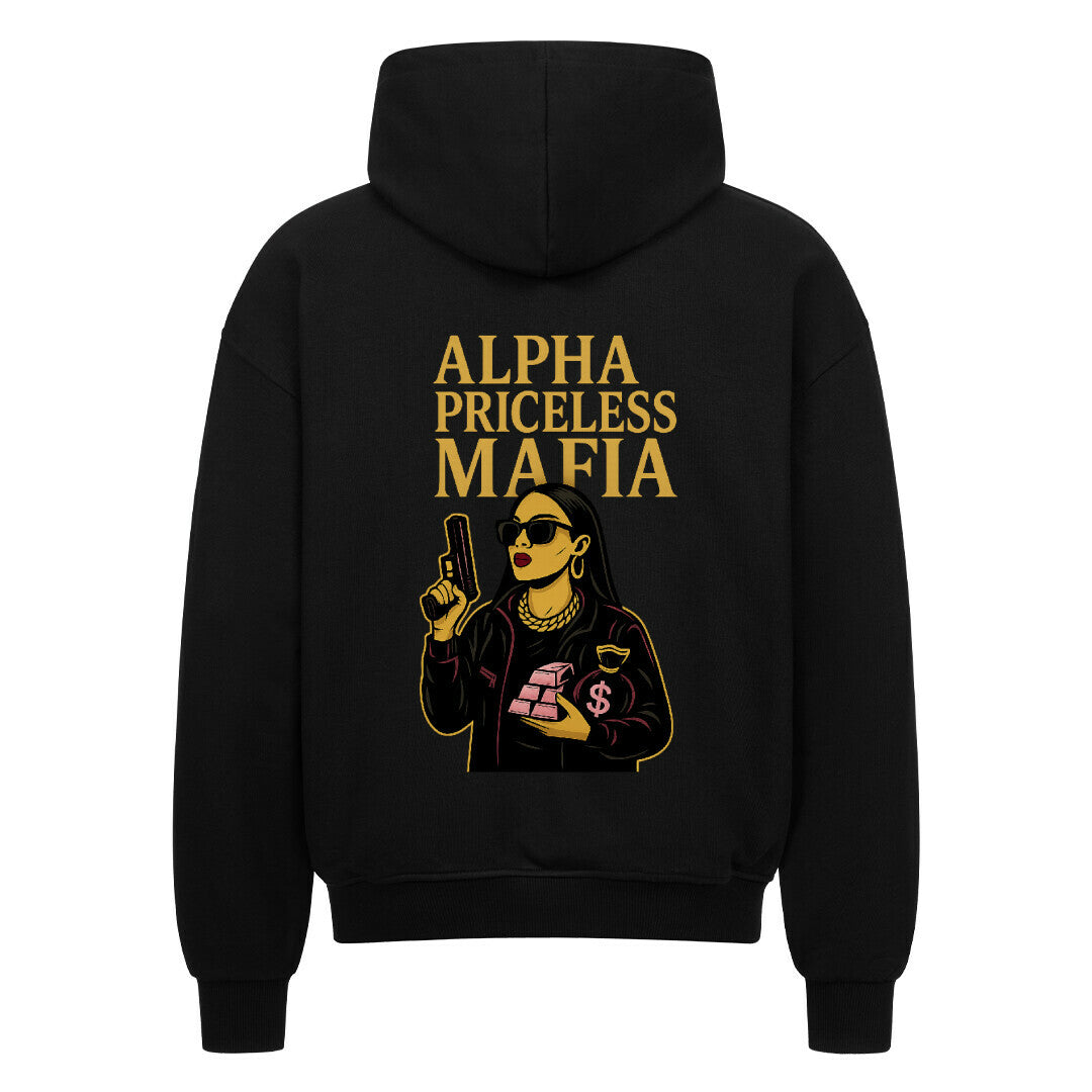 Alpha Priceless Mafia Merchandise schwarzer Hoodie mit auffälligem Grafikdesign und Waffenmotiv.