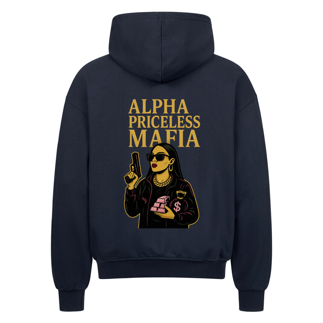 Rückansicht des Alpha Priceless Mafia Merchandise Hoodies mit auffälligem Grafikdesign.