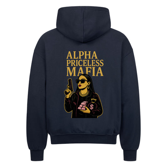 Rückansicht des Alpha Priceless Mafia Merchandise Hoodies mit auffälligem Grafikdesign.