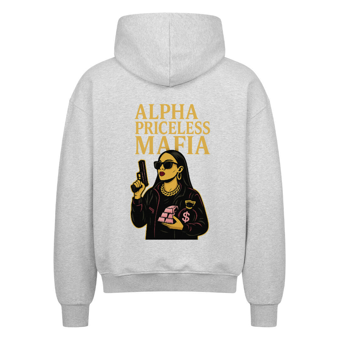 Alpha Priceless Mafia Merchandise graues Hoodie mit auffälligem Druck auf dem Rücken.