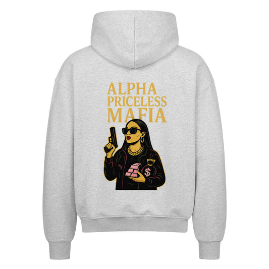 Alpha Priceless Mafia Merchandise graues Hoodie mit auffälligem Druck auf dem Rücken.