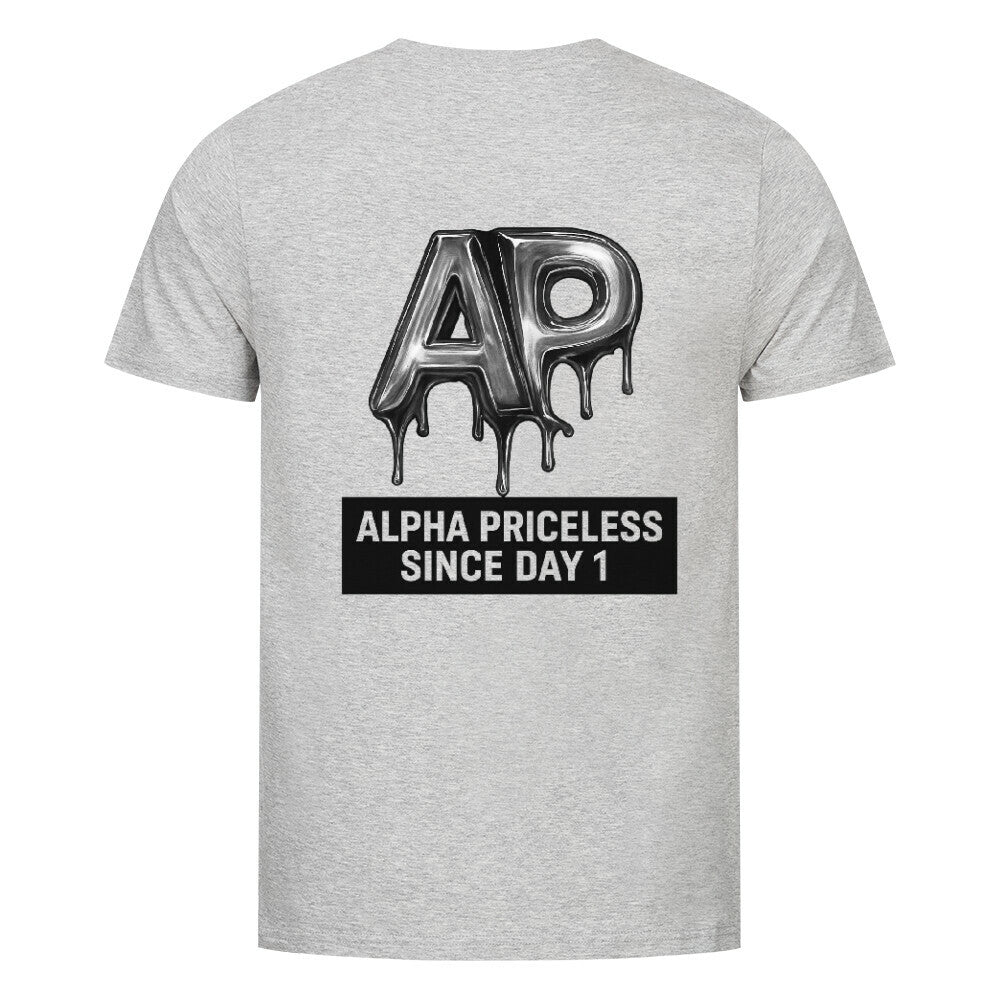 Alpha Priceless Skull Design Tee featuring a bold graphic of AP and text on a grey T-shirt.