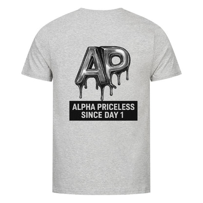 Alpha Priceless Skull Design Tee featuring a bold graphic of AP and text on a grey T-shirt.