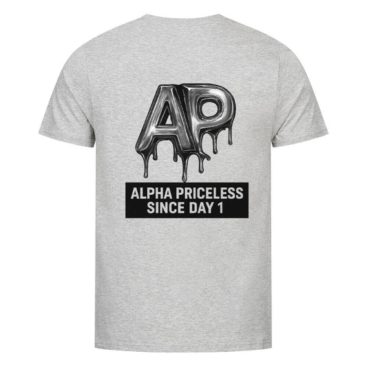 Alpha Priceless Skull Design Tee featuring a bold graphic of AP and text on a grey T-shirt.