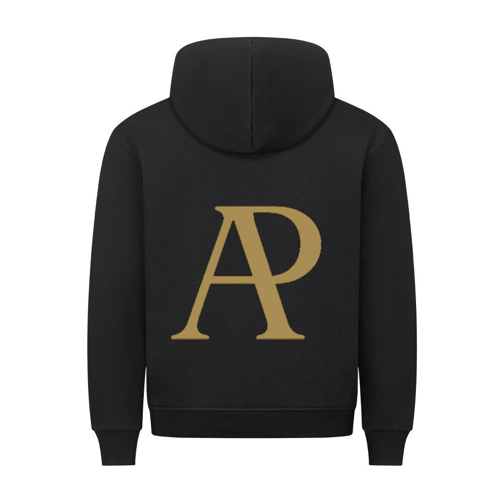 Hinteransicht des HigherBlanks Battle Fight Premium Hoodies mit goldener AP-Beschriftung auf schwarzem Stoff.