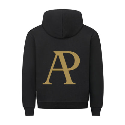 Hinteransicht des HigherBlanks Battle Fight Premium Hoodies mit goldener AP-Beschriftung auf schwarzem Stoff.