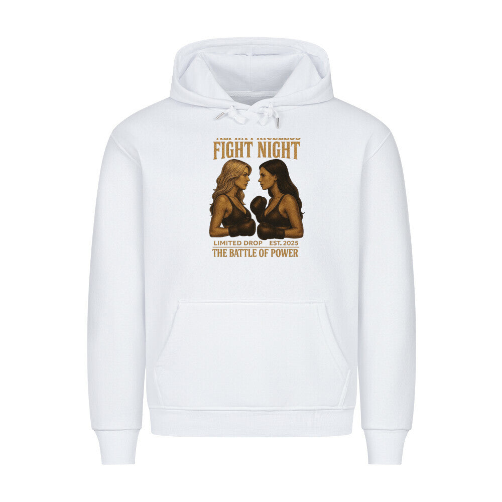 HigherBlanks Battle Fight Premium Hoodie in white featuring bold graphic design of two fighters.