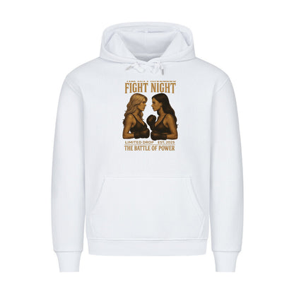 HigherBlanks Battle Fight Premium Hoodie in white featuring bold graphic design of two fighters.