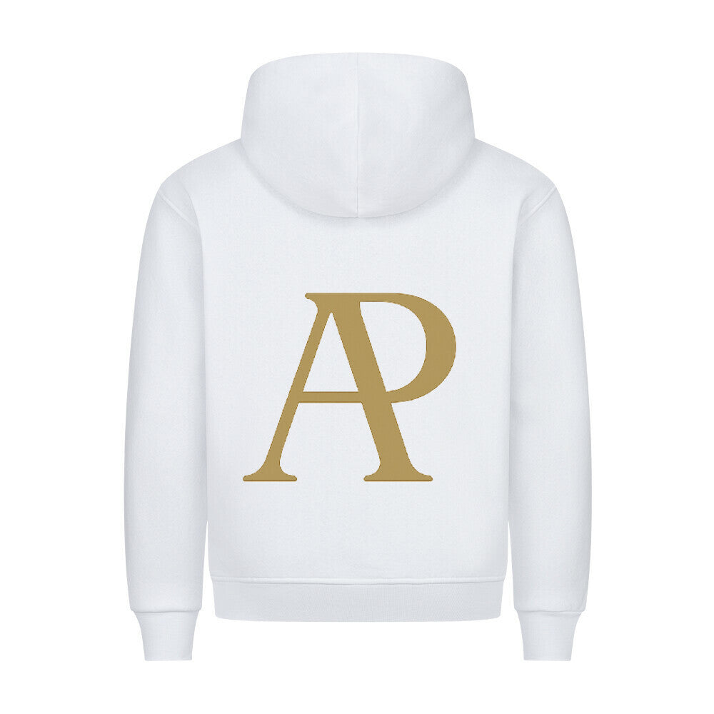 HigherBlanks Battle Fight Premium Hoodie, weiß mit goldener AP Grafik auf der Rückseite.