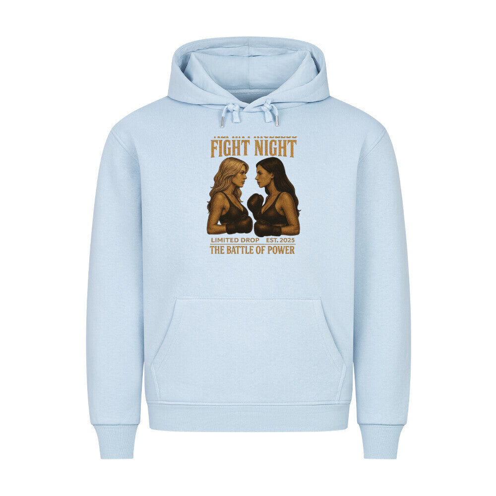 HigherBlanks Battle Fight Premium Hoodie in light blue featuring bold Fight Night graphic design.
