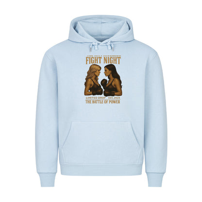 HigherBlanks Battle Fight Premium Hoodie in light blue featuring bold Fight Night graphic design.