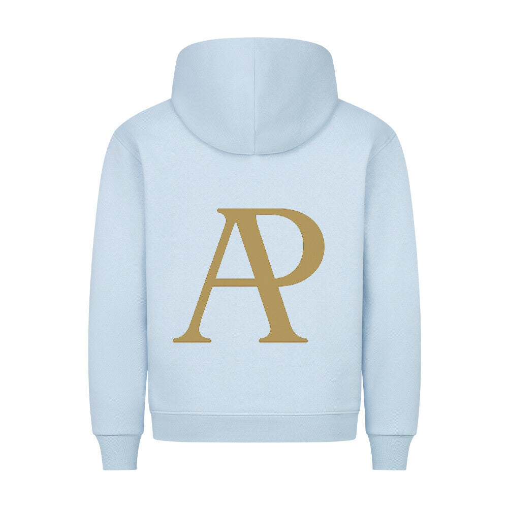 HigherBlanks Battle Fight Premium Hoodie in light blue with bold gold AP logo on the back.