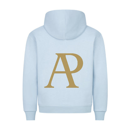 HigherBlanks Battle Fight Premium Hoodie in light blue with bold gold AP logo on the back.