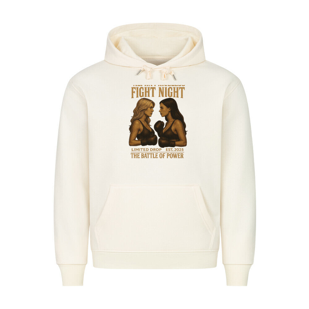 HigherBlanks Battle Fight Premium Hoodie in cream with Fight Night graphic featuring two women boxing.