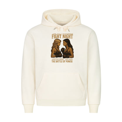 HigherBlanks Battle Fight Premium Hoodie in cream with Fight Night graphic featuring two women boxing.
