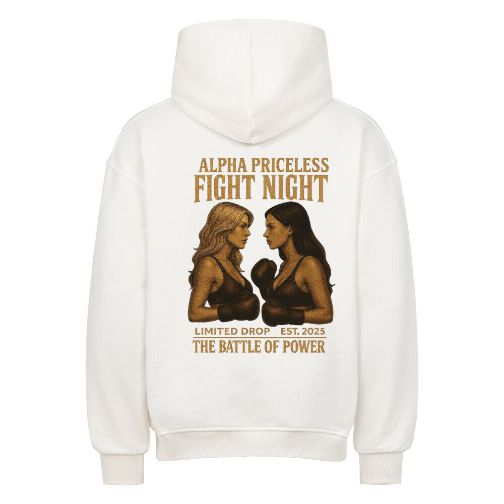 Alpha Priceless Battle Fight Oversized Hoodie in white with Fight Night design on the back featuring two boxers.