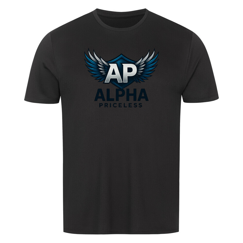 Alpha Priceless Sport Comfort Shirt in black with logo and wings design, ideal for active lifestyles.