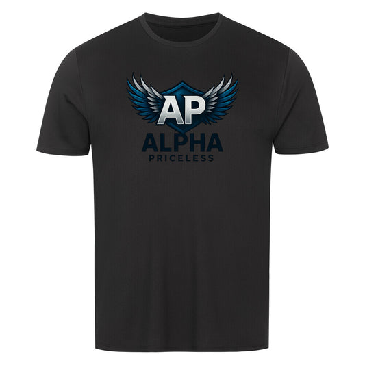 Alpha Priceless Sport Comfort Shirt in black with logo and wings design, ideal for active lifestyles.