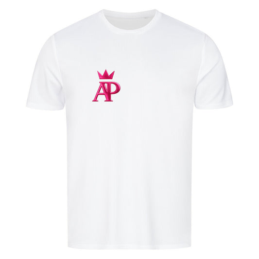 Alpha Priceless Knock Out Sport T-Shirt in white with pink logo on the front.