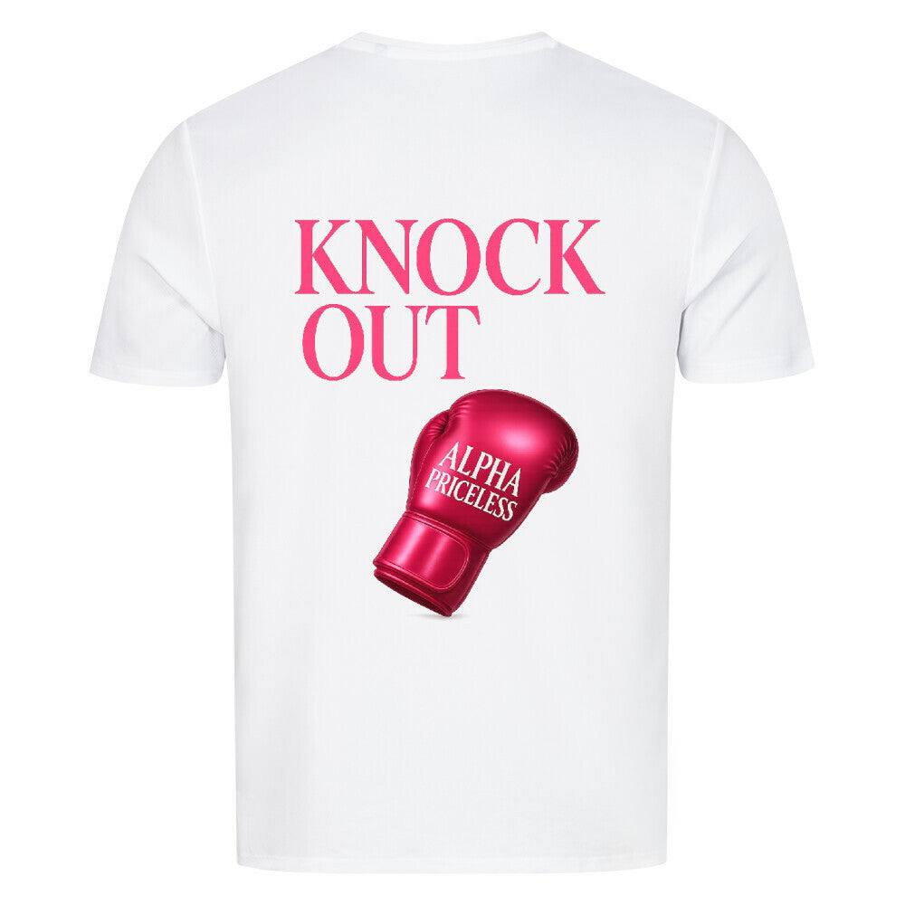 Rückansicht des Alpha Priceless Knock Out Sport T-Shirts mit rotem Boxhandschuh, der den Schriftzug "KNOCK OUT" zeigt.